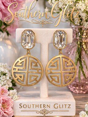 Gold Medallion Statement Earrings, Crystal Drop Earrings, Chinoiserie Style
